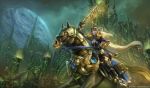 2019 armor blizzard_entertainment demon detailed_background digital_media_(artwork) draenei equid equine feral group hi_res holding_object holding_sword holding_weapon horse humanoid lightforged_draenei mammal melee_weapon riding riding_horse sword unconvincing_armor video_games warcraft weapon x-celebril-x 