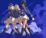  3girls andou_(girls_und_panzer) bangs bc_freedom_(emblem) bc_freedom_military_uniform black_hair blonde_hair blue_eyes blue_headwear blue_jacket blue_vest boots brown_eyes closed_eyes drill_hair emblem girls_und_panzer hat high_collar jacket locked_arms long_hair long_sleeves march marie_(girls_und_panzer) medium_hair messy_hair multiple_girls oshida_(girls_und_panzer) pleated_skirt shako_cap skirt smile smoke thighs vest white_skirt yukataro 