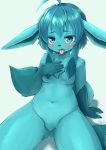  ahoge anthro blue_eyes blue_fur blue_hair blush breasts butt_from_the_front digital_media_(artwork) eeveelution female fur glaceon hair hi_res kemono navel nintendo nude open_mouth pok&eacute;mon pok&eacute;mon_(species) shiitakemeshi simple_background solo tongue tongue_out video_games 