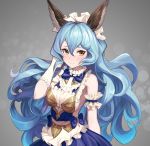  1girl absurdres alternate_costume animal_ears apron arm_garter backless_dress backless_outfit bangs blue_bow blue_hair blush bow breasts cleavage closed_mouth commentary_request dress embarrassed enmaided erune eyebrows_visible_through_hair ferry_(granblue_fantasy) frills gloves granblue_fantasy grey_background hair_between_eyes highres long_hair looking_at_viewer maid maid_headdress medium_breasts ohihil sideboob sleeveless sleeveless_dress solo upper_body waist_apron wavy_hair white_apron white_gloves yellow_eyes 