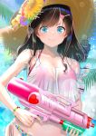  1girl a.i._channel absurdres armband bangs bikini blue_eyes blurry blurry_background breasts brown_hair cleavage closed_mouth collarbone crop_top day flower gun halterneck hat hat_flower highlights highres holding holding_gun holding_weapon kizuna_ai lens_flare long_hair looking_at_viewer medium_breasts midriff multicolored_hair ocean outdoors print_bikini_bottom purple_flower red_bikini_top red_flower rushian see-through side-tie_bikini smile solo standing stomach straw_hat sun_hat sunlight swept_bangs swimsuit upper_body v-shaped_eyebrows virtual_youtuber water_gun weapon yellow_flower yellow_headwear 