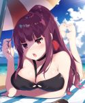  1girl :o bangs bare_arms bare_shoulders barefoot bikini black_bikini blush braid breasts bushinofuji cloud commentary_request day eyebrows_visible_through_hair girls_frontline hair_ribbon highres large_breasts long_hair looking_at_viewer lying ocean on_stomach outdoors ponytail purple_hair red_eyes ribbon solo striped_towel swimsuit towel umbrella very_long_hair wa2000_(girls_frontline) 