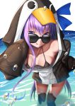  1girl bangs blue_eyes blue_ribbon blush breasts choker closed_mouth collarbone fate/grand_order fate_(series) greaves hair_between_eyes licking_lips long_hair long_sleeves looking_at_viewer meltryllis_(swimsuit_lancer)_(fate) penguin_hood purple_hair ribbon sleeves_past_fingers sleeves_past_wrists small_breasts smile solo sunglasses thighs tongue tongue_out very_long_hair water white_background zukky 