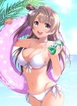  1girl absurdres bikini bikini_bottom bikini_top blue_sky breasts brown_hair hair_ornament highres inui_sekihiko large_breasts long_hair looking_at_viewer love_live! love_live!_school_idol_project minami_kotori navel ocean one_side_up open_mouth side_ponytail sky smile solo swimsuit water white_bikini yellow_eyes 