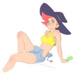  1girl absurdres amanda_o&#039;neill blush cutoff_jeans cutoff_overalls cutoffs food green_eyes hat highres little_witch_academia looking_at_viewer midriff multicolored_hair navel orange_hair overalls overalls_removed popsicle pudgeruffian short_hair simple_background solo sweat white_background witch_hat 