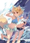  2girls animal_ears arm_up bangs bare_arms bare_legs bare_shoulders barefoot bikini black_bikini blonde_hair blue_bikini blue_bow blue_eyes blue_hair blush bow braid breasts cat_ears cat_girl cat_tail closed_mouth collarbone commentary_request eyebrows_visible_through_hair fox_ears fox_girl fox_tail hair_bow highres long_hair looking_at_viewer looking_back multiple_girls navel okishiji_en original profile red_eyes small_breasts smile standing standing_on_one_leg swimsuit tail very_long_hair water whale 