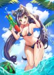  1girl animal_ear_fluff animal_ears arm_up bangs bare_shoulders bikini black_hair blue_bikini blue_sky blush bow breasts cameltoe cat_ears cleavage cloud collarbone covered_nipples day eyebrows_visible_through_hair eyewear_on_head fang food fruit green_eyes hair_bow halter_top halterneck highres kyaru_(princess_connect) long_hair looking_at_viewer low_twintails medium_breasts multicolored_hair navel open_mouth outdoors pn_(wnsl216) princess_connect! princess_connect!_re:dive purple_bow side-tie_bikini sky solo standing streaked_hair sunglasses swimsuit twintails very_long_hair wading water water_gun watermelon wet white_hair 
