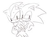  anthro blush bodily_fluids buke3jp chest_tuft clothing duo eulipotyphlan gloves handwear hedgehog hug hugging_from_behind male male/male mammal monochrome shadow_the_hedgehog sketch sonic_(series) sonic_the_hedgehog sweat tuft 