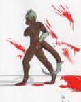  2019 absurd_res anthro black_sclera blood bodily_fluids breasts butt claws cybernetics cyborg female glowing glowing_eyes gore green_eyes hand_print hi_res komodo_dragon lizard machine monitor_lizard muscular non-mammal_breasts reptile scalie scar simple_background solo standing traditional_media_(artwork) under_boob waive_black 