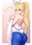  1girl absurdres ahoge animal_ears artoria_pendragon_(swimsuit_ruler)_(fate) ass bangs bare_shoulders blonde_hair blue_legwear braid breasts bunny_ears bunny_girl bunny_tail bunnysuit closed_mouth copyright_name cowboy_shot eyebrows_visible_through_hair fake_animal_ears fake_tail fate/grand_order fate_(series) french_braid from_side hair_between_eyes hand_on_own_chest highres large_breasts leotard long_hair looking_at_viewer looking_to_the_side pantyhose phil ponytail sidelocks skindentation smile solo tail tiara towel white_leotard wristband zoom_layer 