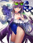  1girl ass bangs bare_shoulders choker covered_navel danann eyebrows_visible_through_hair eyewear_on_head fate/grand_order fate_(series) frills groin hair_ribbon leotard long_hair looking_at_viewer meltryllis meltryllis_(swimsuit_lancer)_(fate) purple_hair ribbon sleeves_past_wrists solo sunglasses very_long_hair 