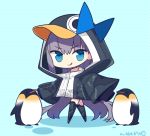  1girl :q animal animal_hood bangs bird black_jacket blue_background blue_bow blue_eyes bow chibi closed_mouth colored_shadow commentary_request eyebrows_visible_through_hair fate/grand_order fate_(series) hair_between_eyes hood hood_up hooded_jacket jacket long_hair looking_at_viewer meltryllis meltryllis_(swimsuit_lancer)_(fate) penguin penguin_hood polka_dot polka_dot_background purple_hair shadow signature smile solo standing tongue tongue_out v-shaped_eyebrows very_long_hair yuzuki_gao 