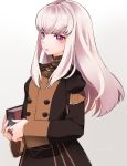  1girl ataka_takeru bangs blush epaulettes fire_emblem fire_emblem:_three_houses jacket long_hair long_sleeves looking_at_viewer lysithea_von_ordelia pink_eyes purple_eyes simple_background solo uniform upper_body white_background white_hair 