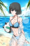  1girl absurdres artist_name bare_arms bare_shoulders beach bikini black_bikini black_hair blue_bikini blue_eyes bow_bikini breasts cleavage cloud commentary_request dated day highres holding large_breasts navel outdoors see-through shiina_mayuri short_hair smile solo steins;gate swimsuit unique_(pixiv12704744) water 