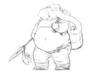  ambiguous_gender anthro apple bag belly big_belly black_and_white clock clothed clothing elephant elephantid food fruit hair holding_food holding_object holding_weapon mammal melee_weapon midriff monochrome navel nazotyu overweight overweight_ambiguous plant polearm proboscidean simple_background solo spear standing thick_thighs watch weapon white_background wristwatch 