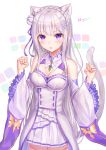  1girl :o animal_ears bangs blush breasts cat_ears cat_girl cat_tail cleavage commentary_request cowboy_shot dress emilia_(re:zero) eyebrows_visible_through_hair flower hair_flower hair_ornament hair_ribbon hands_up highres kemonomimi_mode long_hair long_sleeves looking_at_viewer medium_breasts parted_lips purple_eyes purple_ribbon re:zero_kara_hajimeru_isekai_seikatsu ribbon romaji_text seungju_lee shoulder_cutout silver_hair solo tail very_long_hair white_dress white_flower wide_sleeves 