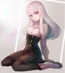  1girl bangs commentary_request fire_emblem fire_emblem:_three_houses highres kokouno_oyazi long_hair long_sleeves looking_at_viewer lysithea_von_ordelia pantyhose pink_eyes purple_eyes shirt simple_background sitting skirt smile solo uniform upper_body white_background white_hair 