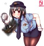  1girl alternate_costume artist_logo banana black_hair black_neckwear blue_shirt blue_skirt breasts brown_legwear censored chestnut_mouth commentary_request cowboy_shot cuffs dated dress_shirt female_service_cap food fruit gloves handcuffs hat highres kanon_(kurogane_knights) kantai_collection large_breasts leaning_forward miniskirt necktie outside_of_play_area pantyhose pencil_skirt pointless_censoring police police_hat police_uniform policewoman red_eyes revision shirt short_hair side_slit simple_background skirt solo takao_(kantai_collection) uniform white_background white_gloves 