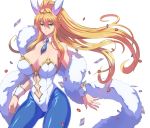  1girl animal_ears artoria_pendragon_(swimsuit_ruler)_(fate) ass_visible_through_thighs bare_shoulders blue_legwear blue_neckwear braid breasts bunny_ears bunnysuit cleavage contrapposto cowboy_shot cross crown detached_collar eyebrows_visible_through_hair fate/grand_order fate_(series) feather_boa fishnet_pantyhose fishnets french_braid green_eyes hair_between_eyes high_ponytail large_breasts leotard long_hair looking_at_viewer navel_cutout necktie pantyhose poker_chip ponytail sidelocks smile solo torahime_(roland00) very_long_hair white_background white_leotard wind wrist_cuffs 