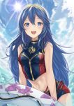  1girl :d akina_(akn_646) bangs bare_arms bare_shoulders belt blue_eyes blue_hair blue_sky blush bra breasts commentary_request day fire_emblem fire_emblem_awakening fire_emblem_cipher hair_between_eyes hair_ornament innertube long_hair looking_at_viewer lucina_(fire_emblem) navel open_mouth outdoors shorts simple_background sky smile solo sun sweat swimsuit symbol_in_eye tareme tiara underwear upper_teeth very_long_hair 