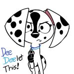  101_dalmatian_street 101_dalmatians angry canid canine canis collar dalmatian dee_dee_(101_dalmatians) delet_this disney domestic_dog english_text female gun handgun holding_gun holding_object holding_weapon humor looking_at_viewer mammal meme pun ranged_weapon reaction_image revolver solo spots text weapon whitewolf20xx 