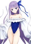  1girl ass_visible_through_thighs bangs blue_bow blue_choker blue_eyes blue_swimsuit bow choker closed_mouth collarbone commentary_request covered_navel eyebrows_visible_through_hair fate/grand_order fate_(series) groin hair_bow head_tilt highleg highleg_swimsuit highres jilu long_hair long_sleeves looking_at_viewer meltryllis meltryllis_(swimsuit_lancer)_(fate) puffy_long_sleeves puffy_sleeves purple_hair simple_background sleeves_past_fingers sleeves_past_wrists solo strapless strapless_swimsuit swimsuit thigh_gap v-shaped_eyebrows very_long_hair white_background 