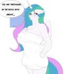  anthro big_breasts breasts cleavage clothed clothing dialogue equid female friendship_is_magic hi_res horn mammal my_little_pony princess_celestia_(mlp) skyearts towel winged_unicorn wings 