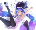  1girl ahoge bangs black_legwear blue_eyes blue_hair blur blush bubble dress eel_hat eyebrows_visible_through_hair hair_ornament hair_ribbon hairclip hat long_hair open_mouth otomachi_una ribbon sailor_collar sawayaka_samehada shoes solo twintails very_long_hair vocaloid water white_background white_footwear 