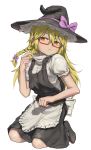 1girl absurdres apron bangs black_footwear black_headwear blonde_hair blush bow braid commentary_request cookie_(touhou) eyebrows_visible_through_hair full_body glasses hair_bow hakonnbo hat hat_bow highres kirisame_marisa kneeling long_hair puffy_short_sleeves puffy_sleeves purple_bow shirt short_sleeves side_braid single_braid solo sweat transparent_background uzuki_(cookie) waist_apron white_shirt witch_hat yellow_eyes 