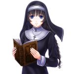  1girl bangs black_hair blue_eyes book braid cross cross_necklace habit holding holding_book i-mixs jewelry long_hair long_sleeves looking_at_viewer necklace nun open_book original smile solo upper_body 