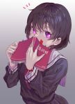  1girl bangs black_hair black_shirt book commentary_request covered_mouth eyebrows_visible_through_hair grey_background hair_between_eyes highres holding holding_book long_sleeves looking_at_viewer original pink_nails pink_neckwear purple_eyes school_uniform serafuku shirt short_hair simple_background solo wangxiii 
