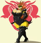  areola areola_slip big_breasts bowser bowsette_meme breasts brown_areola clothed clothing crossgender crown female hair hi_res huge_breasts koopa mario_bros navel_bulge nintendo nipple_outline red_eyes red_hair scalie shinysteel simple_background solo super_crome super_crown video_games white_background yellow_skin 