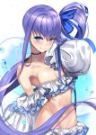  1girl bangs bare_shoulders bikini blue_eyes blue_ribbon blush breasts choker closed_mouth collarbone fate/grand_order fate_(series) frilled_bikini frills hair_between_eyes highres licking_lips long_hair long_sleeves looking_at_viewer meltryllis meltryllis_(swimsuit_lancer)_(fate) navel puffy_sleeves purple_hair ribbon side_ponytail sleeves_past_fingers sleeves_past_wrists small_breasts smile solo swimsuit tongue tongue_out untsue very_long_hair water_drop white_background 