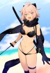  1girl :d ahoge bare_shoulders bikini black_bikini black_gloves black_legwear black_scarf blonde_hair blurry blurry_background blush bow breasts brown_eyes cleavage commentary_request depth_of_field elbow_gloves fate/grand_order fate_(series) gloves hair_bow highleg highleg_bikini highres holding holding_sword holding_weapon katana looking_at_viewer medium_breasts namakawa navel okita_souji_(fate)_(all) okita_souji_(swimsuit_assassin)_(fate) open_mouth scarf sheath sheathed short_hair single_glove smile solo standing swimsuit sword thigh_strap thighhighs weapon wristband 