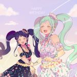  2girls :d aqua_hair black_dress black_hair braid character_request clenched_hand condensation_trail detached_sleeves dress floral_print frilled_sleeves frills galala_s_leep happy_birthday head_chain headphones holding_hand idol_time_pripara long_hair multiple_girls neck_ribbon open_mouth pink_neckwear pink_ribbon pretty_(series) print_dress pripara purple_eyes purple_ribbon res2shuu ribbon short_sleeves sidelocks smile twintails very_long_hair white_dress wrist_flower yellow_eyes 