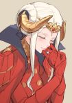  1girl blonde_hair cape closed_eyes closed_mouth crown dress edelgard_von_hresvelg fire_emblem fire_emblem:_three_houses glint gloves hair_ornament horn horns jewelry kisetsu long_hair red_cape red_gloves ring simple_background solo upper_body wedding_ring white_hair 