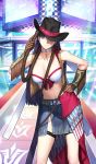  1girl adjusting_clothes adjusting_hat bare_arms bare_legs bare_shoulders bikini_top blue_eyes breasts brown_footwear brown_gloves choker cowboy_hat cross denim denim_skirt dress fate/grand_order fate_(series) gloves hand_on_hip hat heroic_spirit_festival_outfit large_breasts leather leather_gloves leather_vest looking_at_viewer midriff official_art purple_hair saint_martha sakamoto_mineji skirt solo western whip white_bikini_top 