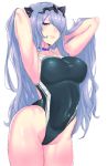  1girl armpits arms_up blush breasts camilla_(fire_emblem) choker competition_swimsuit covered_navel cowboy_shot fire_emblem groin hair_ornament hair_over_one_eye half-closed_eyes highleg highleg_swimsuit long_hair one-piece_swimsuit panzer purple_eyes purple_hair simple_background smile solo swimsuit white_background 