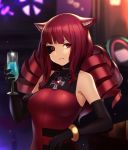  1girl alcohol animal_ears black_gloves black_sclera bracelet breasts cat_ears cocktail cocktail_glass commentary_request cross cup cybernetic_eye cyberpunk dress drill_hair drinking_glass elbow_gloves gloves halter_dress houtengeki jewelry long_hair looking_at_viewer medium_breasts purple_dress purple_hair quad_drills red_eyes solo stella_hoshii va-11_hall-a 