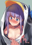  1girl animal_costume aqua_background bangs blue_eyes blush bosshi breasts choker fate/grand_order fate_(series) highres hood hooded_jacket jacket long_hair meltryllis_(swimsuit_lancer)_(fate) nipples penguin_costume purple_hair simple_background small_breasts solo_focus 
