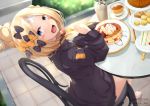  1girl :d abigail_williams_(fate/grand_order) absurdres bangs barefoot black_bow black_jacket blonde_hair blue_eyes blurry blurry_background blush_stickers bow chair crossed_bandaids cup depth_of_field disposable_cup fate/grand_order fate_(series) food fork hair_bow hair_bun hand_up head_tilt heroic_spirit_traveling_outfit highres holding holding_fork jacket kana616 long_hair long_sleeves looking_at_viewer looking_to_the_side on_chair open_mouth orange_bow pancake parted_bangs plate polka_dot polka_dot_bow sandwich sitting sleeves_past_fingers sleeves_past_wrists smile solo stack_of_pancakes stuffed_animal stuffed_toy table tea teacup teddy_bear tiered_tray twitter_username 