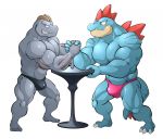  abs biceps bulge clothing duo feraligatr glistening machoke maldu male muscular muscular_male nintendo pecs pok&eacute;mon pok&eacute;mon_(species) smile speedo swimwear table video_games 