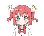  1girl aqua_eyes bangs blush_stickers bow bowtie collared_shirt commentary_request genki_zenkai_day!_day!_day! highres kurosawa_ruby light_frown looking_at_viewer love_live! love_live!_sunshine!! notice_lines pom_pom_(clothes) red_hair red_neckwear shirt short_hair simple_background solo two_side_up upper_body white_background white_shirt yashino_84 