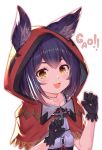  1girl :d akanagi_youto animal_ears bangs black_gloves blush capelet claw_pose collarbone commentary_request fang gloves hands_up highres hood hooded_capelet looking_at_viewer open_mouth original paw_print purple_hair red_capelet red_hood shirt short_hair simple_background smile solo stitches upper_body white_background white_shirt wolf_ears yellow_eyes 