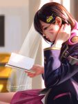  1girl academy_d.va alternate_costume alternate_hairstyle bespectacled black_hair blazer blurry blurry_background book closed_mouth d.va_(overwatch) day desk glasses hair_ornament headphones headphones_around_neck highres indoors jacket liang_xing lips long_hair open_book overwatch profile reading school_desk school_uniform sitting skirt solo whisker_markings wind 