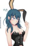  1girl ? animal_ears artist_name bangs bare_arms bare_shoulders blue_eyes blue_hair blush breasts bunny_day bustier byleth_(fire_emblem) byleth_(fire_emblem)_(female) cleavage closed_mouth collarbone commentary english_commentary eyebrows_visible_through_hair fake_animal_ears fire_emblem fire_emblem:_three_houses highres long_hair medium_breasts obakeart simple_background solo upper_body watermark web_address white_background 
