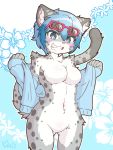  2019 acky05_(artist) anthro blue_eyes blue_hair blush breasts chest_tuft clothed clothing eyewear featureless_breasts featureless_crotch felid female fur glasses grey_fur hair hi_res inner_ear_fluff looking_at_viewer mammal navel pantherine partially_clothed portrait short_hair smile smirk snow_leopard solo spots spotted_fur standing suzune_(acky05) three-quarter_portrait tuft white_fur 