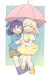  2girls :d ^_^ bang_dream! blonde_hair blue_footwear blue_shirt blush boots brown_shorts child closed_eyes commentary_request dress full_body hair_ribbon half_updo highres holding holding_umbrella matsuda_(0yx38755230263c) multiple_girls open_mouth purple_footwear purple_hair ribbon seta_kaoru shared_umbrella shirasagi_chisato shirt short_sleeves shorts smile standing umbrella white_ribbon yellow_dress yellow_footwear younger 