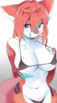  anthro bedroom_eyes big_breasts black_bikini blue_eyes blue_tongue blush breasts faeki female fur hair half-closed_eyes hi_res kemono looking_at_viewer navel red_hair seductive simple_background snout solo standing tongue tongue_out white_background white_fur 