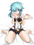  1girl a-senmei bare_arms bare_legs bare_shoulders barefoot belt black_belt blue_eyes blue_hair breasts cake cleavage commentary_request eating eyebrows_visible_through_hair food fork green_eyes hair_between_eyes hair_ornament hairclip highres looking_at_viewer medium_breasts plate short_hair short_shorts shorts sidelocks simple_background sinon sitting solo sword_art_online white_background 